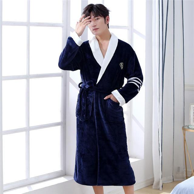 Winter Flannel Lovers Robe Gown Elegant Solid Casual Sleepwe - Men3 / M