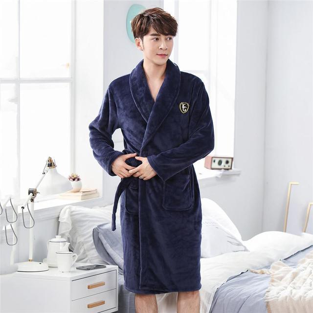 Winter Flannel Lovers Robe Gown Elegant Solid Casual Sleepwe - Men7 / M