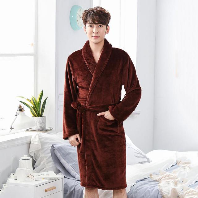 Winter Flannel Lovers Robe Gown Elegant Solid Casual Sleepwe - Men9 / M
