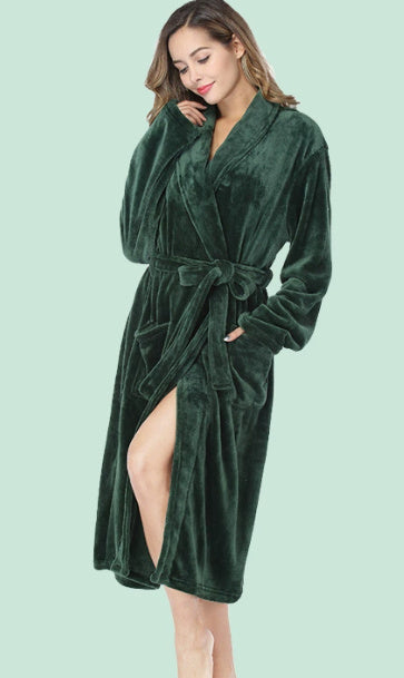 Winter Flannel Lovers Robe Gown Elegant Solid Casual Sleepwe - Womens lapel green / 2XL