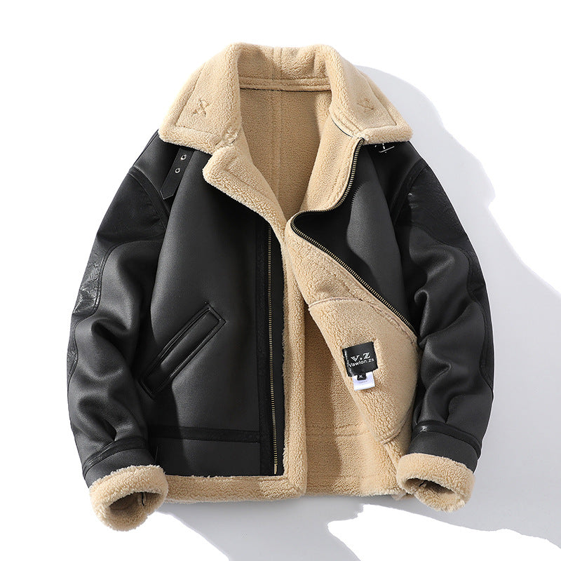 Winter Fleece-lined Thickened Short Sheepskin Leather Coat - Black / M