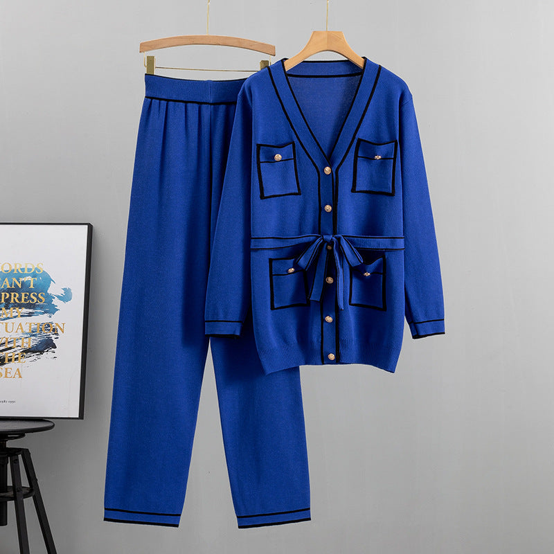 Winter Knitted Cardigan Wide-leg Pants Suit Women’s - Blue / S