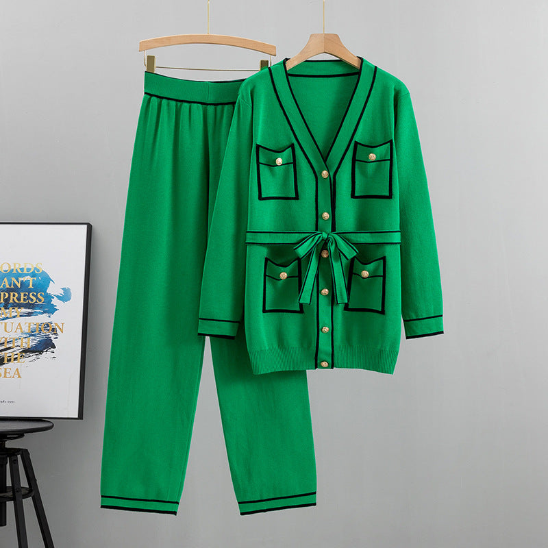 Winter Knitted Cardigan Wide-leg Pants Suit Women’s - Green / S