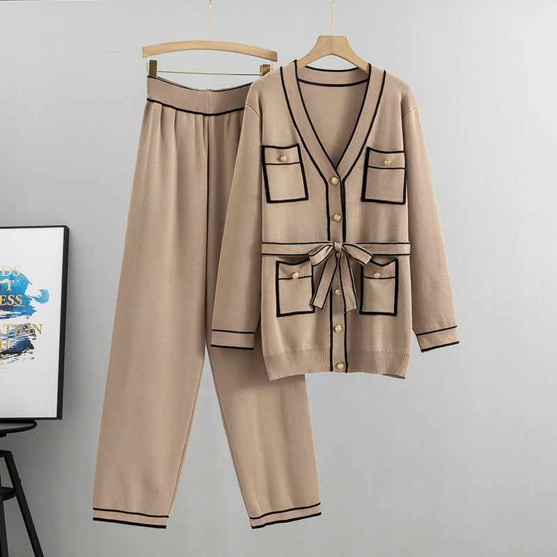 Winter Knitted Cardigan Wide-leg Pants Suit Women’s - Khaki / S