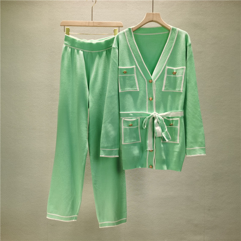 Winter Knitted Cardigan Wide-leg Pants Suit Women’s - Light Green / S