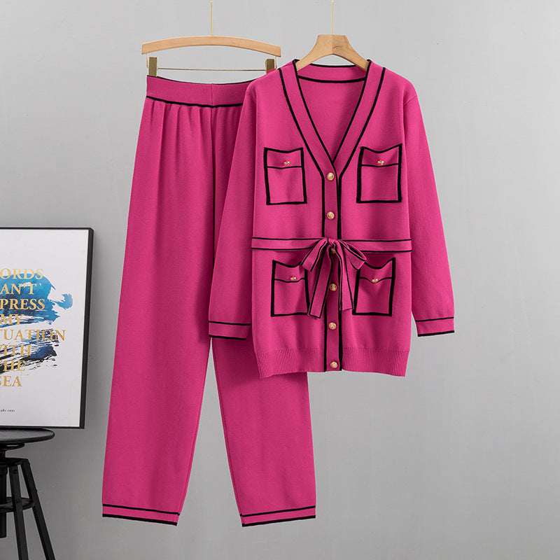 Winter Knitted Cardigan Wide-leg Pants Suit Women’s - Rose Red / S