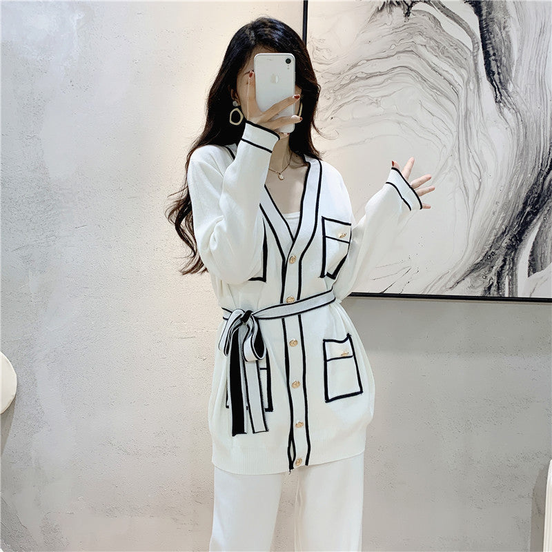 Winter Knitted Cardigan Wide-leg Pants Suit Women’s - White / S