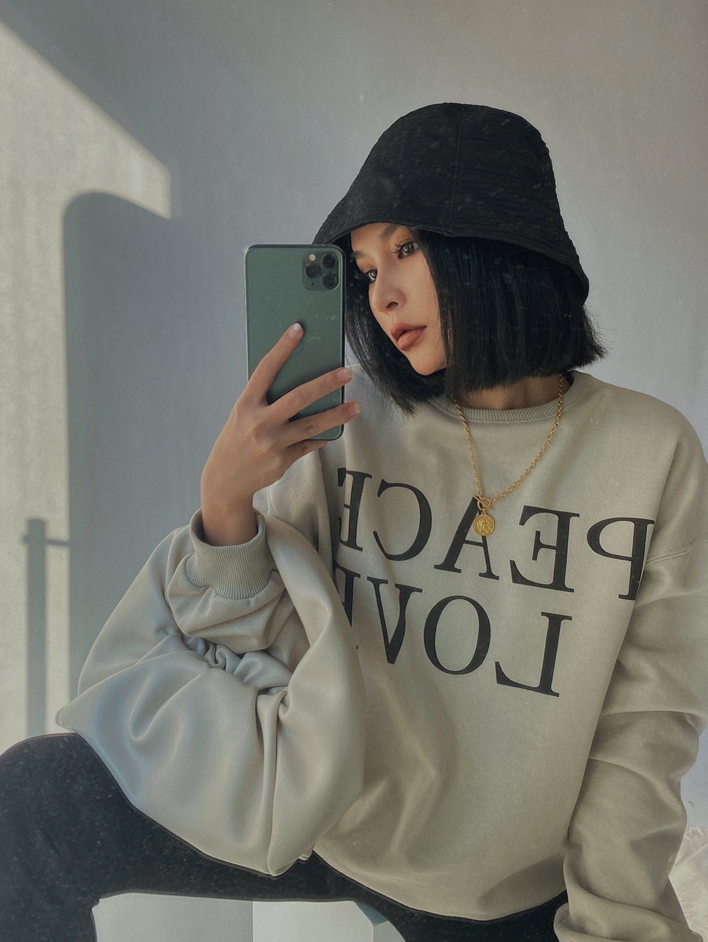 Autumn and winter thick inner sanding peace love loose sweater