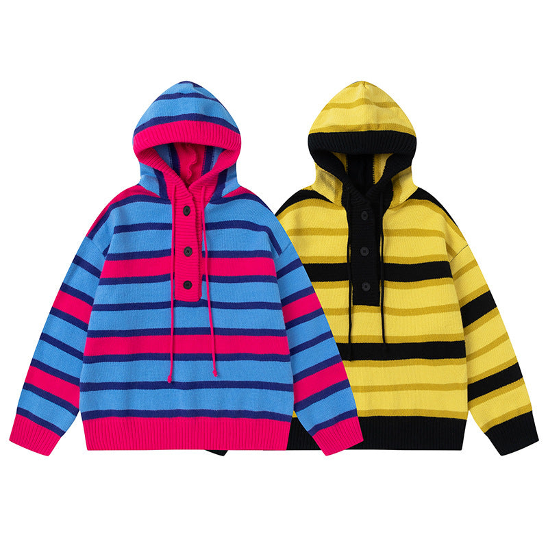 Winter New Vintage Stripe Loose Hooded Pullover Sweater