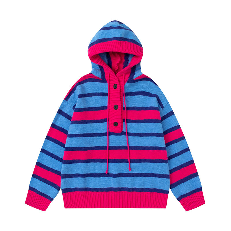 Winter New Vintage Stripe Loose Hooded Pullover Sweater - Blue / M