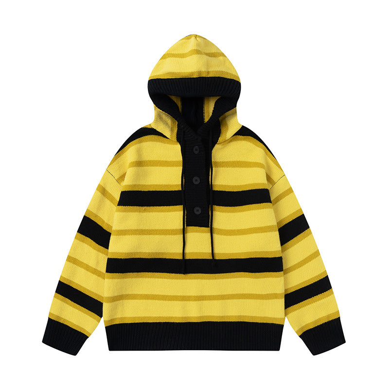Winter New Vintage Stripe Loose Hooded Pullover Sweater - Yellow / M