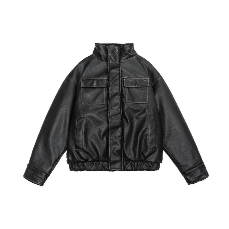 Winter PU Leather Coat Cotton-padded Coat Stand Collar Coat Thickened Lamb Wool - Black / M