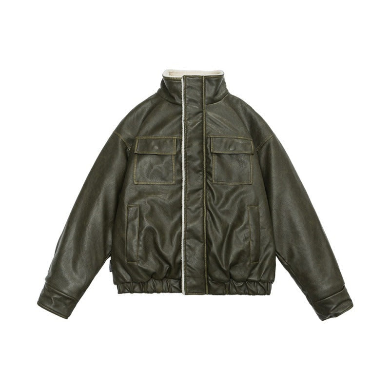 Winter PU Leather Coat Cotton-padded Coat Stand Collar Coat Thickened Lamb Wool - Green / M