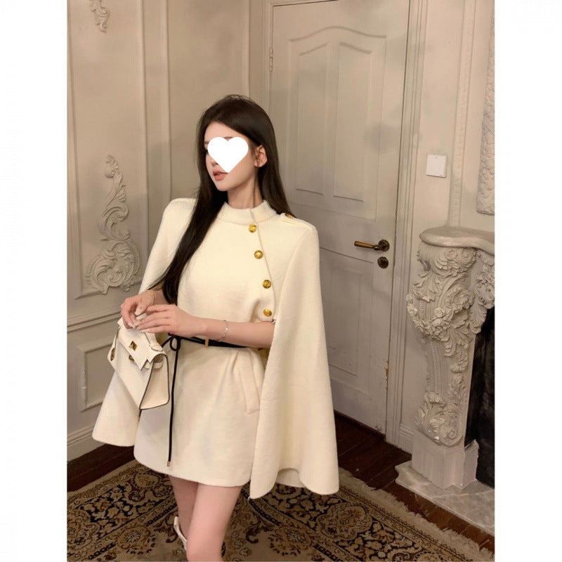 Autumn And Winter Shawl Cape Woolen Atmosphere Advanced - Beige Belt / S