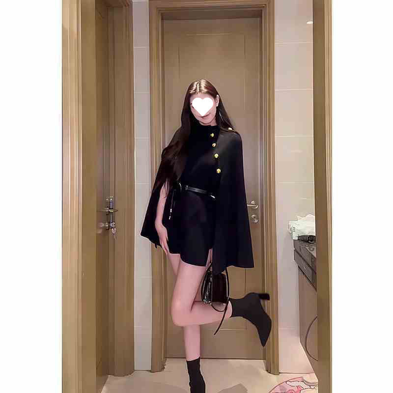 Autumn And Winter Shawl Cape Woolen Atmosphere Advanced - Black Belt / S