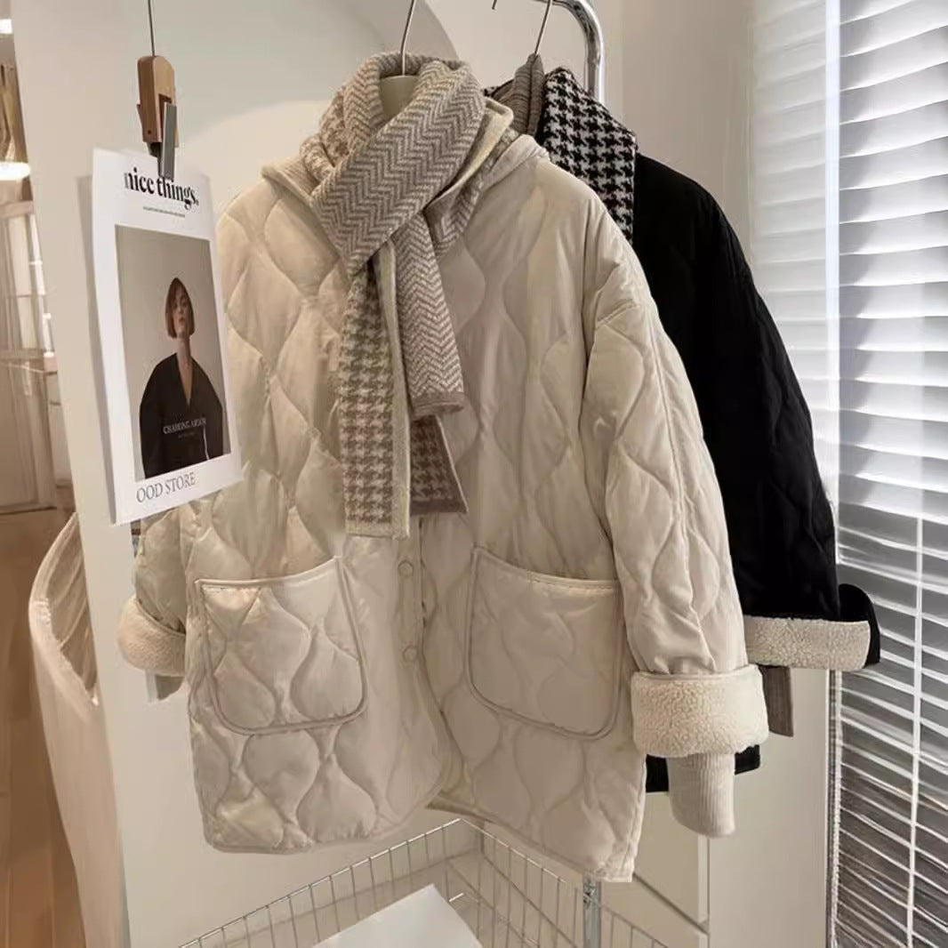 Winter Stitching Diamond Lattice Cotton-padded For Women Baggy Coat - Beige / S