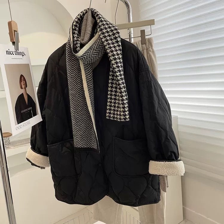 Winter Stitching Diamond Lattice Cotton-padded For Women Baggy Coat - Black / S