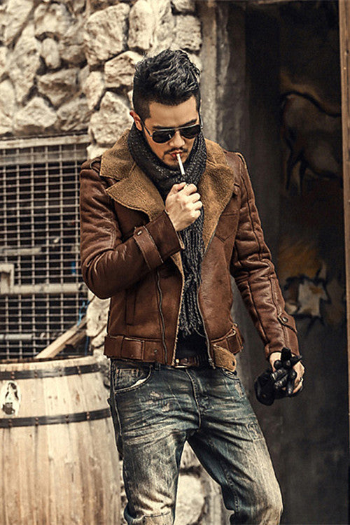 Winter thickened faux fur one jacket suede lamb hair male slim motorcycle leather jacket F1056