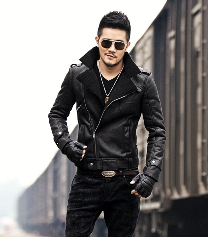 Winter thickened faux fur one jacket suede lamb hair male slim motorcycle leather jacket F1056 - Black / L