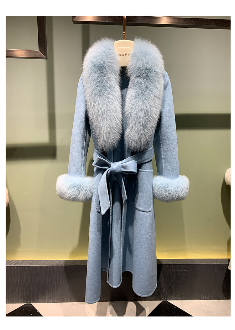 Winter Warm Lace-up Long Woolen Coat - Blue / S
