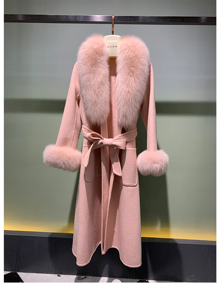 Winter Warm Lace-up Long Woolen Coat - Pink / S