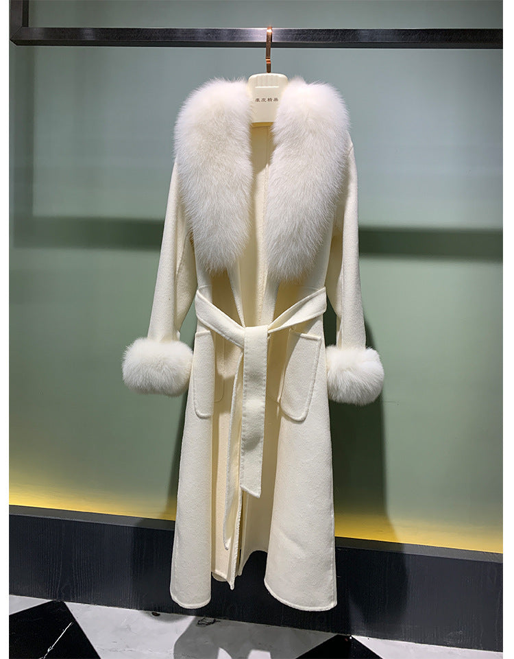 Winter Warm Lace-up Long Woolen Coat - White / S