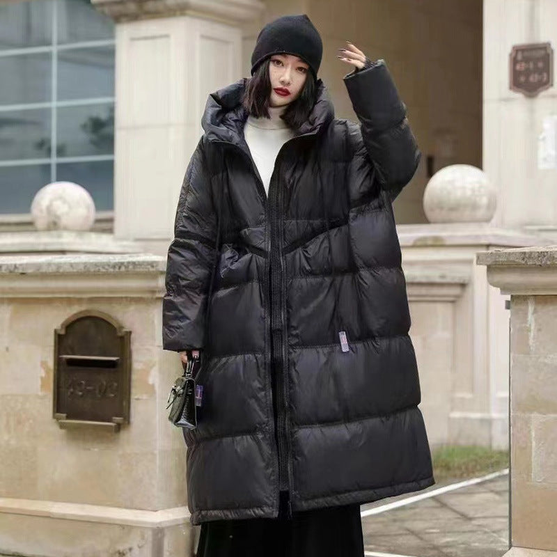 Autumn And Winter Warm Thick Hooded Mid-length White Duck Down Jacket Women - Black / S