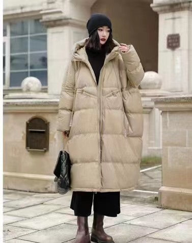 Autumn And Winter Warm Thick Hooded Mid-length White Duck Down Jacket Women - Khaki / S