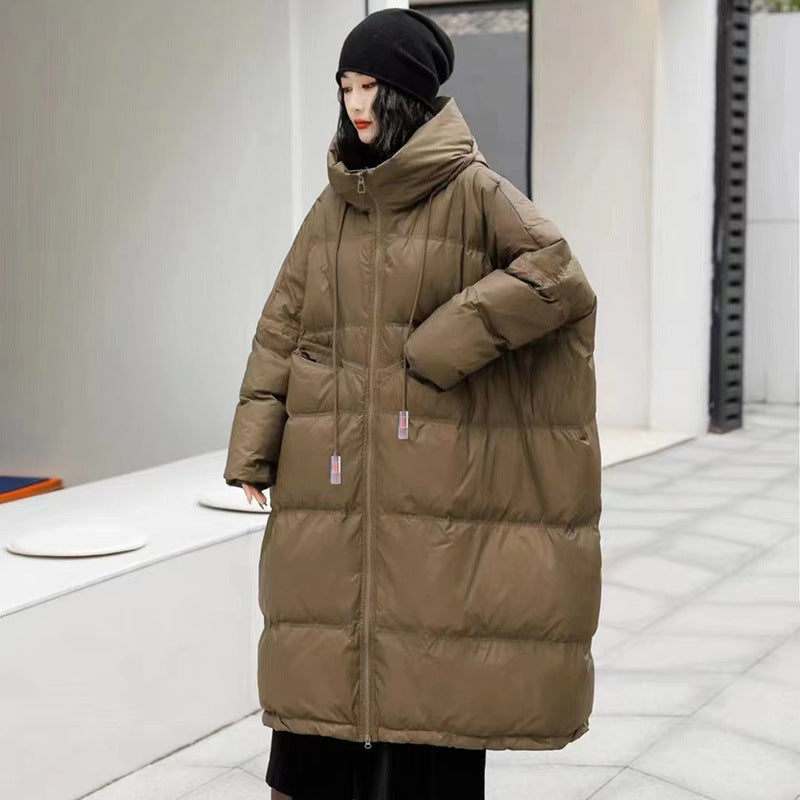 Autumn And Winter Warm Thick Hooded Mid-length White Duck Down Jacket Women - Mustard Coffee / S