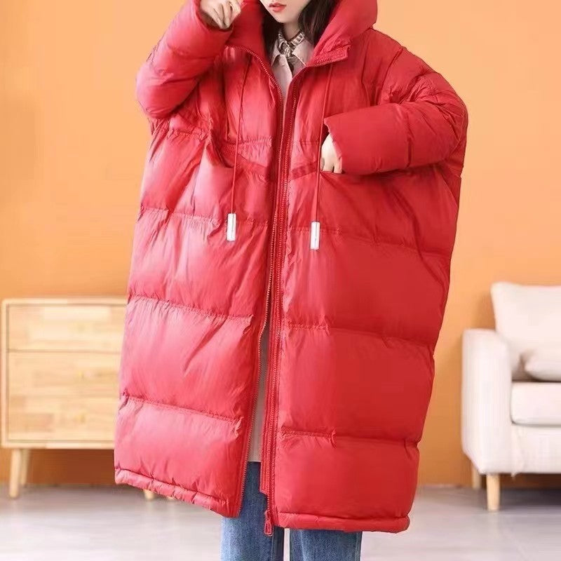 Autumn And Winter Warm Thick Hooded Mid-length White Duck Down Jacket Women - Red / S