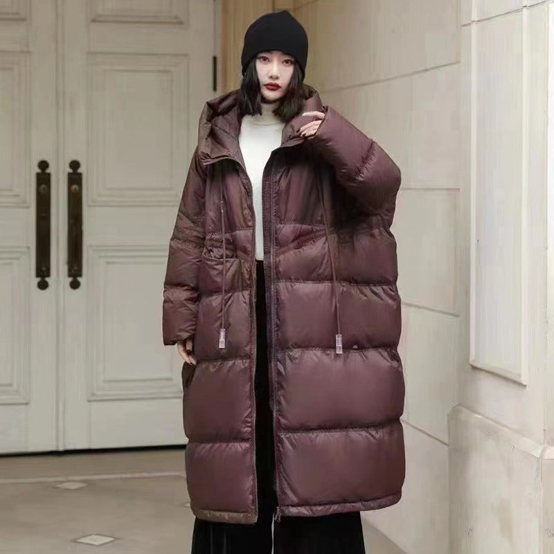 Autumn And Winter Warm Thick Hooded Mid-length White Duck Down Jacket Women - Reddish Brown / S