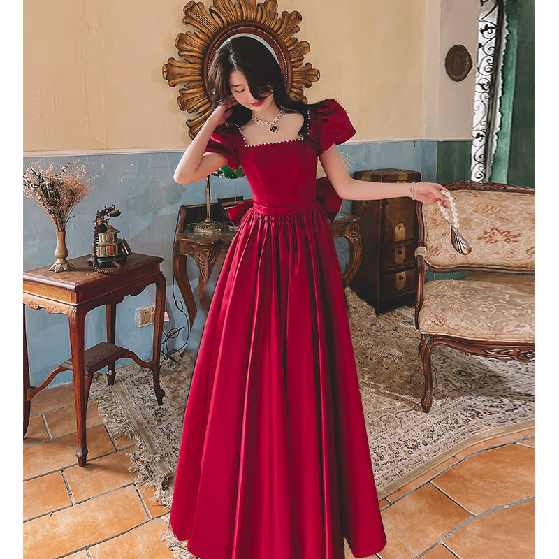 Winter Wine Red Engagement Daily French Princess On The Run Satin Dress - Wine Red Long / XS