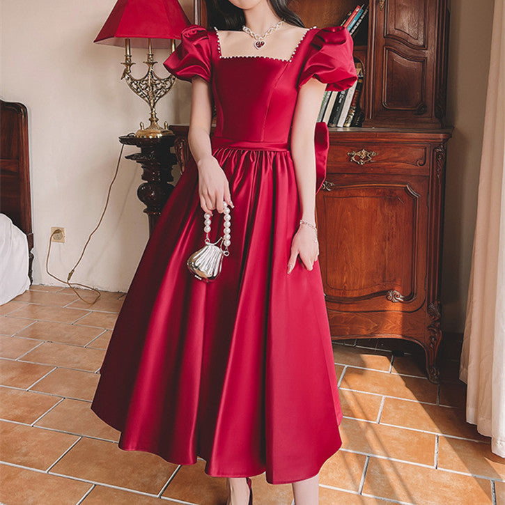 Winter Wine Red Engagement Daily French Princess On The Run Satin Dress - Wine Red Mid Length / XS