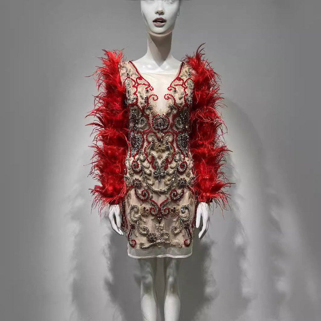 Women Red Feather Long Sleeve Mesh Rhinestone Dress - Red / S