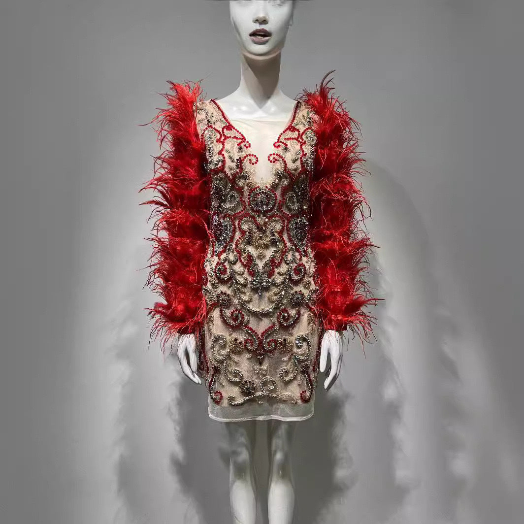 Women Red Feather Long Sleeve Mesh Rhinestone Dress - Red / S