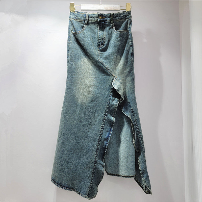 Women’s American-style Retro Irregular Denim Skirt - Retro Blue / S