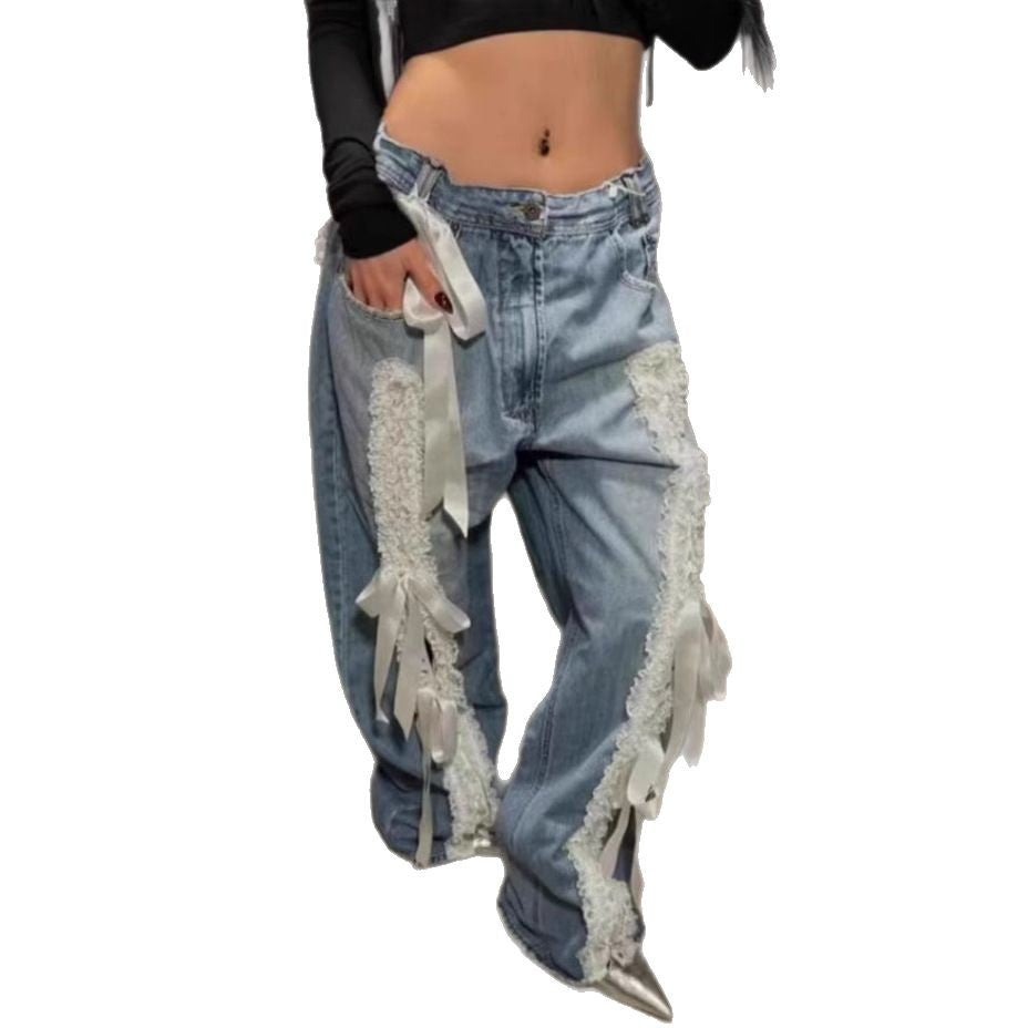 Women’s American-style Retro Lace Lace-up Stitching Jeans