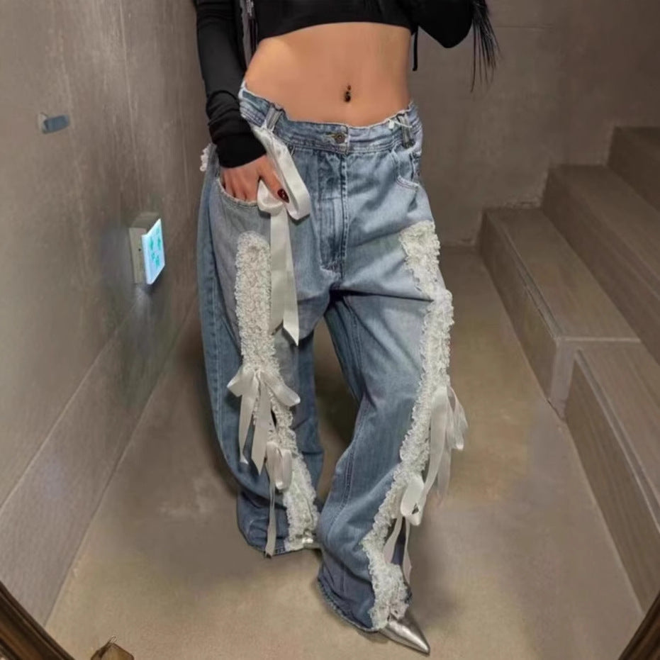 Women’s American-style Retro Lace Lace-up Stitching Jeans