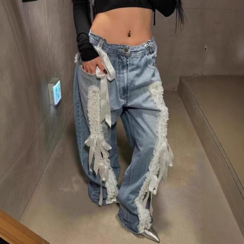 Women’s American-style Retro Lace Lace-up Stitching Jeans - Blue / S