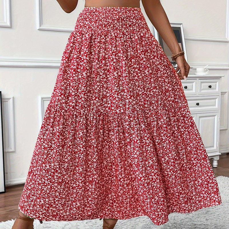 Women’s Boho Floral Maxi Skirt - High Elastic Waist Pleated A-Line Long Skirt - 5