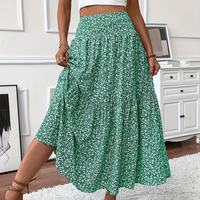 Women’s Boho Floral Maxi Skirt - High Elastic Waist Pleated A-Line Long Skirt - Green / S - 5