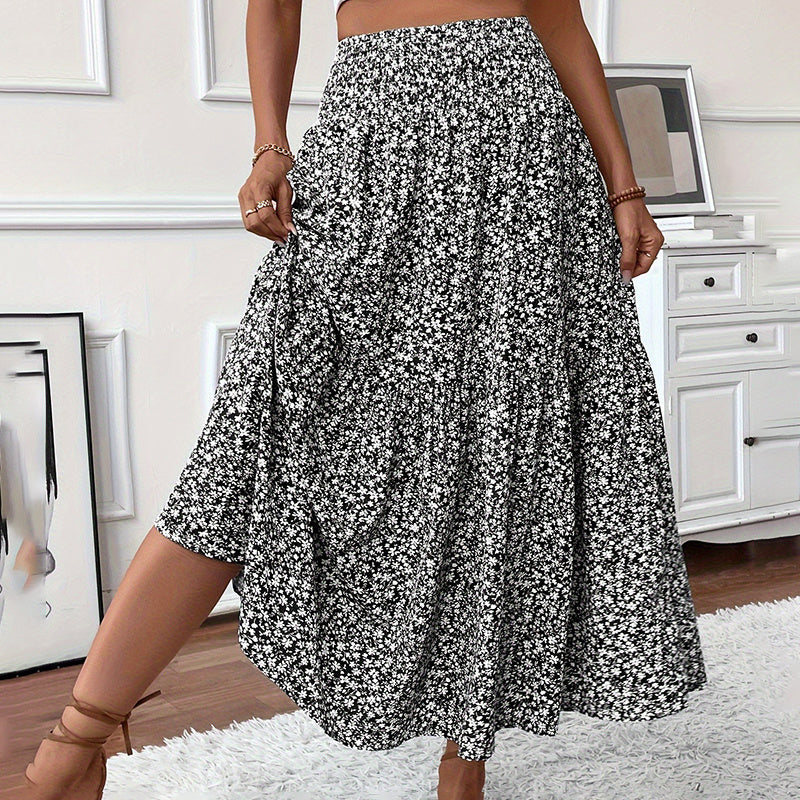 Women’s Boho Floral Maxi Skirt - High Elastic Waist Pleated A-Line Long Skirt - Black / S - 5