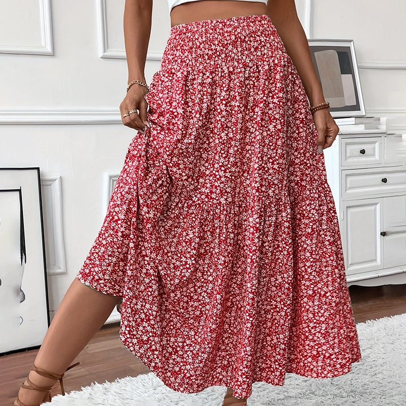 Women’s Boho Floral Maxi Skirt - High Elastic Waist Pleated A-Line Long Skirt - Red / S - 5