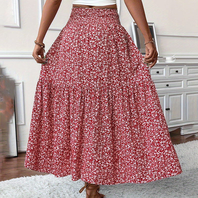 Women’s Boho Floral Maxi Skirt - High Elastic Waist Pleated A-Line Long Skirt - 5