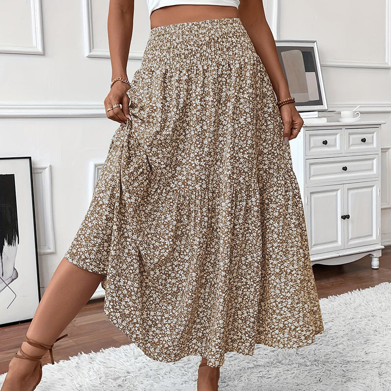 Women’s Boho Floral Maxi Skirt - High Elastic Waist Pleated A-Line Long Skirt - Khaki / S - 5
