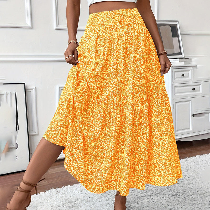 Women’s Boho Floral Maxi Skirt - High Elastic Waist Pleated A-Line Long Skirt - Yellow / S - 5