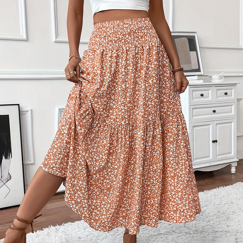 Women’s Boho Floral Maxi Skirt - High Elastic Waist Pleated A-Line Long Skirt - Orange / S - 5