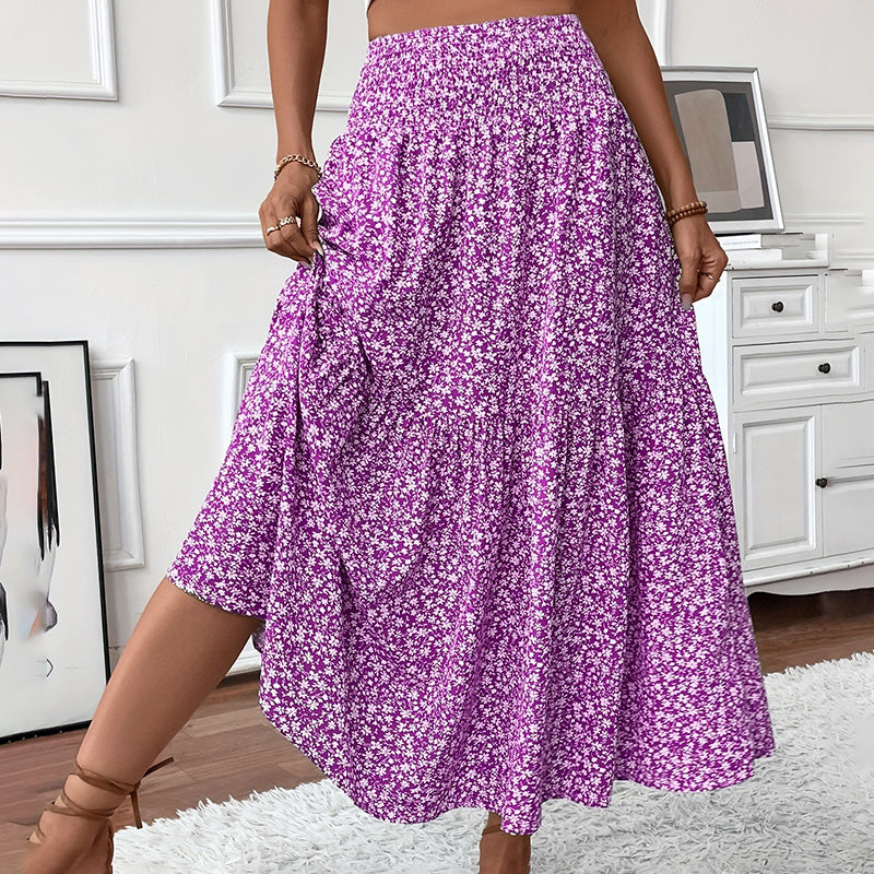 Women’s Boho Floral Maxi Skirt - High Elastic Waist Pleated A-Line Long Skirt - Purple / S - 5