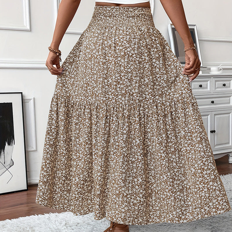 Women’s Boho Floral Maxi Skirt - High Elastic Waist Pleated A-Line Long Skirt - 5