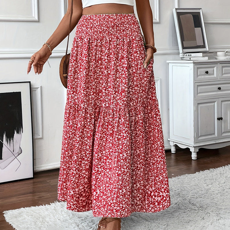 Women’s Boho Floral Maxi Skirt - High Elastic Waist Pleated A-Line Long Skirt - 5